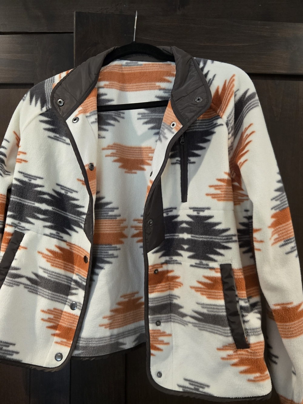 & Other Stories Aztec-Pattern Fleece Shirt Jacket in Cream, Orange & Gray